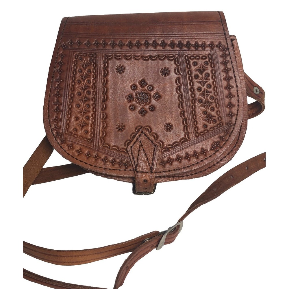 Vintage style Tooled Leather Crossbody Bag Brown Saddle Purse Boho Folk Small